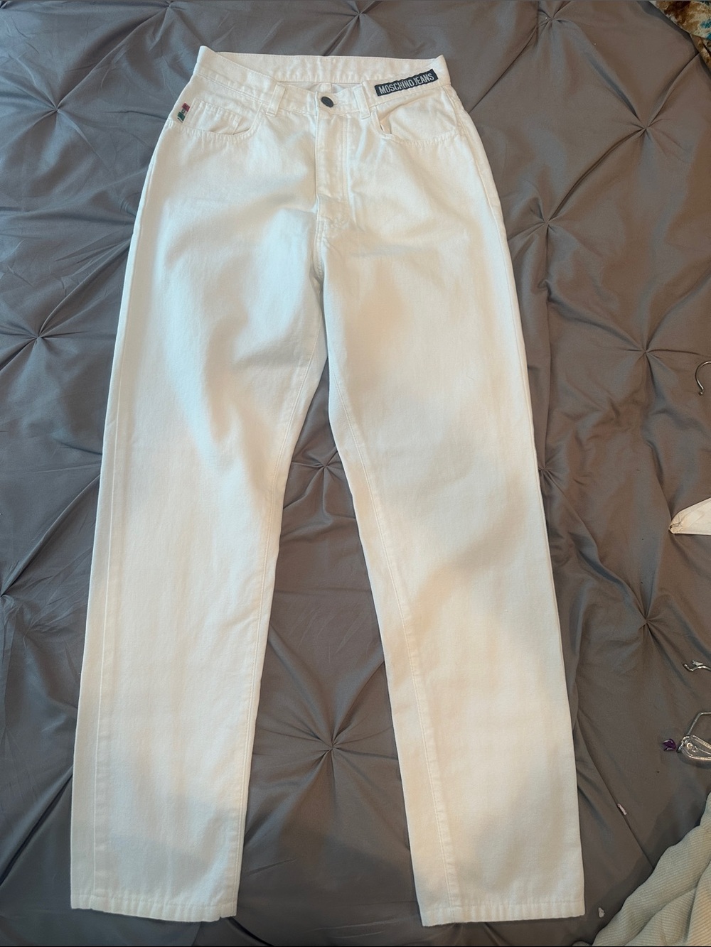 Moschino White High-Rise Straight Peace sign Jeans
